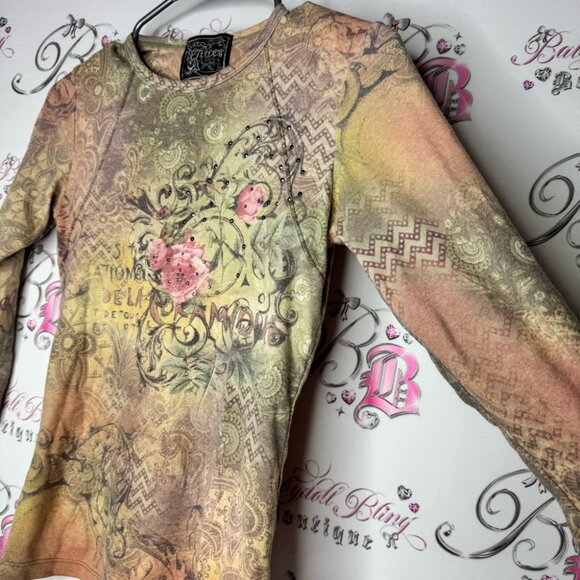 Vintage blues clothing tattoo newspaper ποΈ style top bling rhinestone studs πΉ - Picture 5 of 11